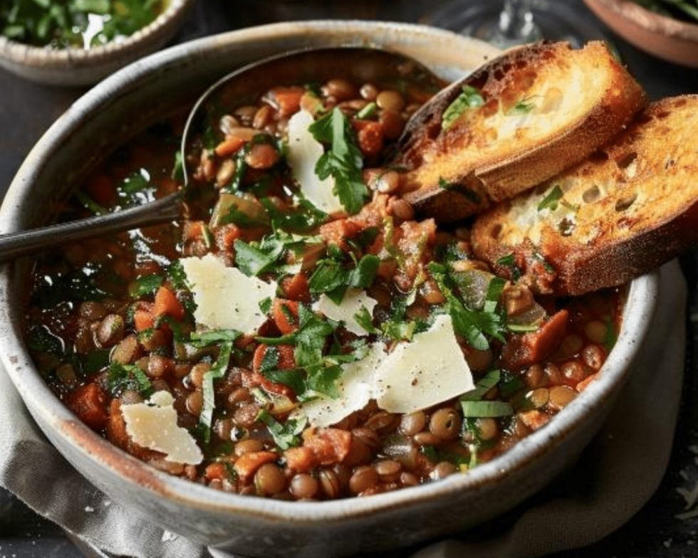 Soupy Spanish Lentils with Chorizo and Manchego Toast - Chamburn Farm